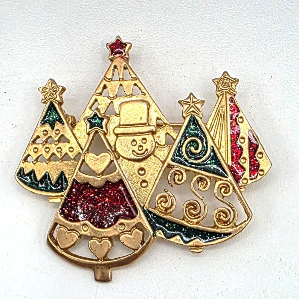 Vintage NEWPRO Christmas  5 Trees & Snowman Enameled Pin Brooch Holiday Jewelry